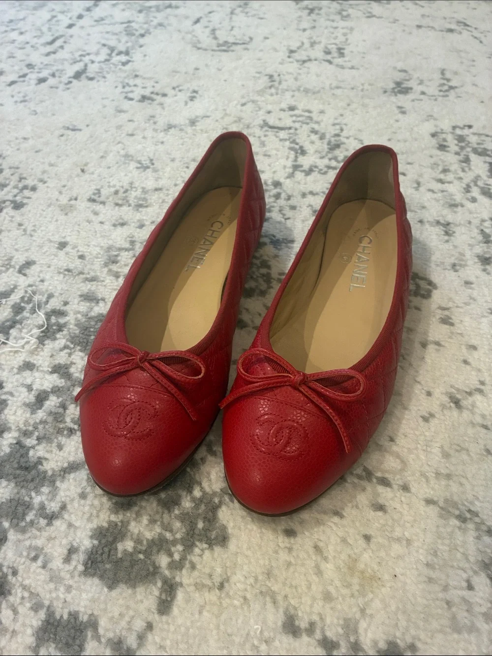 CHANEL Red Leather Quilted Ballet Flats